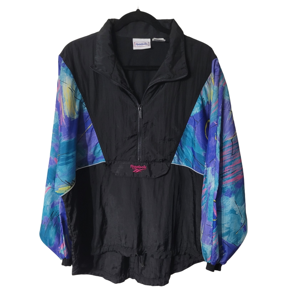 Reebok Vintage Women's Black and Blue Pullover Windbreaker Jacket Size Medium